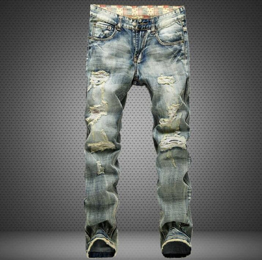 fashion brand men's casual jeans male slim solid color autumn cozy thin style personality hole long pants