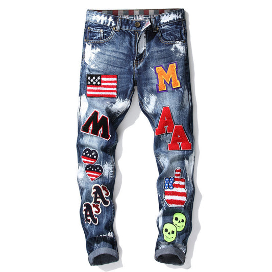 Embroidered Flag Badge Paint Men's Slim Fit Non-Stretch Jeans