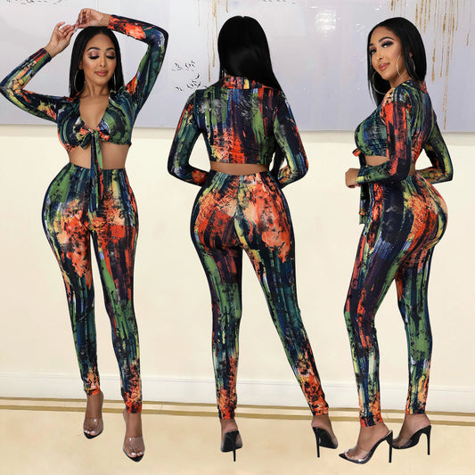Sexy Tight-Fitting Printed Lace-Up Two-Piece Long-Sleeved Suit